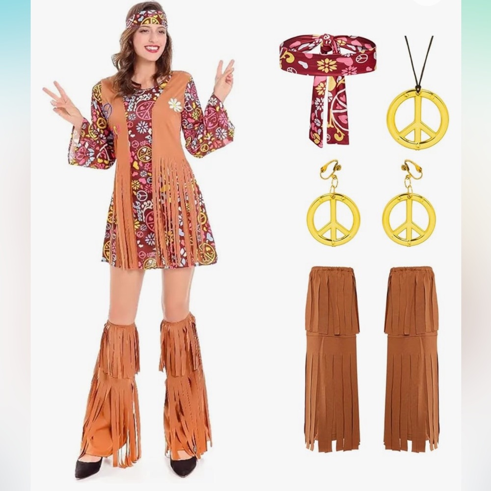 NWT 5pc Hippie Costume Set Dress Disco Peace Necklace Earrings Headband socks